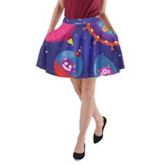 Cartoon Funny Aliens With Ufo Duck Starry Sky Set A-line Pocket Skirt by Vaneshart