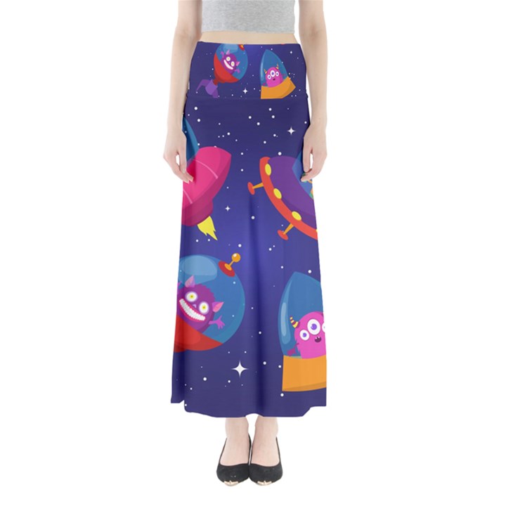 Cartoon Funny Aliens With Ufo Duck Starry Sky Set Full Length Maxi Skirt