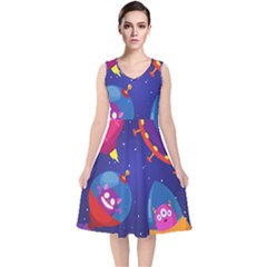 Cartoon Funny Aliens With Ufo Duck Starry Sky Set V-neck Midi Sleeveless Dress  by Vaneshart