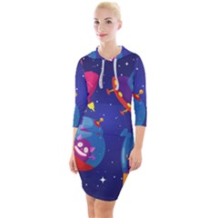 Cartoon Funny Aliens With Ufo Duck Starry Sky Set Quarter Sleeve Hood Bodycon Dress by Vaneshart