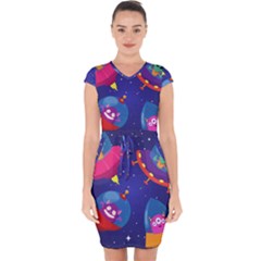 Cartoon Funny Aliens With Ufo Duck Starry Sky Set Capsleeve Drawstring Dress  by Vaneshart