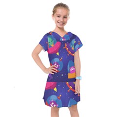 Cartoon Funny Aliens With Ufo Duck Starry Sky Set Kids  Drop Waist Dress by Vaneshart