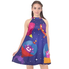 Cartoon Funny Aliens With Ufo Duck Starry Sky Set Halter Neckline Chiffon Dress  by Vaneshart