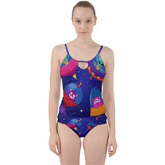 Cartoon Funny Aliens With Ufo Duck Starry Sky Set Cut Out Top Tankini Set by Vaneshart