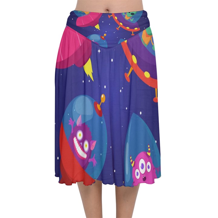 Cartoon Funny Aliens With Ufo Duck Starry Sky Set Velvet Flared Midi Skirt