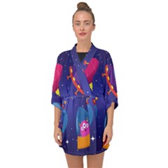 Cartoon Funny Aliens With Ufo Duck Starry Sky Set Half Sleeve Chiffon Kimono by Vaneshart