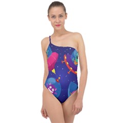 Cartoon Funny Aliens With Ufo Duck Starry Sky Set Classic One Shoulder Swimsuit by Vaneshart