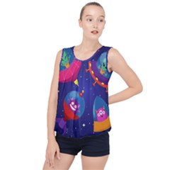 Cartoon Funny Aliens With Ufo Duck Starry Sky Set Bubble Hem Chiffon Tank Top by Vaneshart