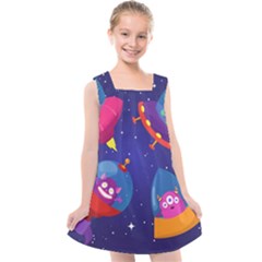 Cartoon Funny Aliens With Ufo Duck Starry Sky Set Kids  Cross Back Dress by Vaneshart