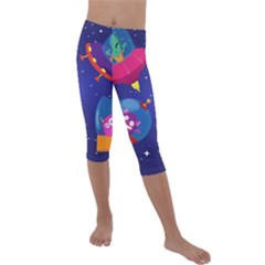 Cartoon Funny Aliens With Ufo Duck Starry Sky Set Kids  Lightweight Velour Capri Leggings  by Vaneshart