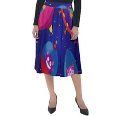 Cartoon Funny Aliens With Ufo Duck Starry Sky Set Classic Velour Midi Skirt  by Vaneshart