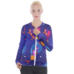 Cartoon Funny Aliens With Ufo Duck Starry Sky Set Casual Zip Up Jacket by Vaneshart