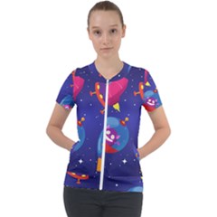 Cartoon Funny Aliens With Ufo Duck Starry Sky Set Short Sleeve Zip Up Jacket by Vaneshart