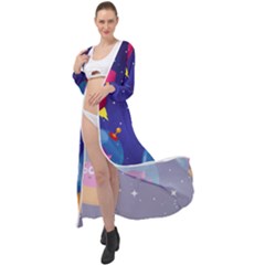 Cartoon Funny Aliens With Ufo Duck Starry Sky Set Maxi Chiffon Beach Wrap by Vaneshart