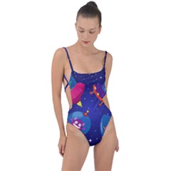 Cartoon Funny Aliens With Ufo Duck Starry Sky Set Tie Strap One Piece Swimsuit by Vaneshart