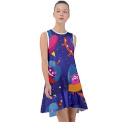 Cartoon Funny Aliens With Ufo Duck Starry Sky Set Frill Swing Dress by Vaneshart