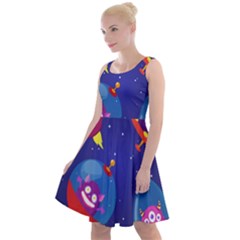 Cartoon Funny Aliens With Ufo Duck Starry Sky Set Knee Length Skater Dress