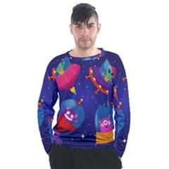 Cartoon Funny Aliens With Ufo Duck Starry Sky Set Men s Long Sleeve Raglan Tee