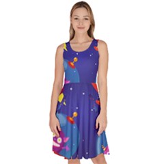 Cartoon Funny Aliens With Ufo Duck Starry Sky Set Knee Length Skater Dress With Pockets by Vaneshart