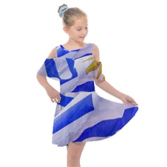 Uruguay Flags Waving Kids  Shoulder Cutout Chiffon Dress by dflcprintsclothing