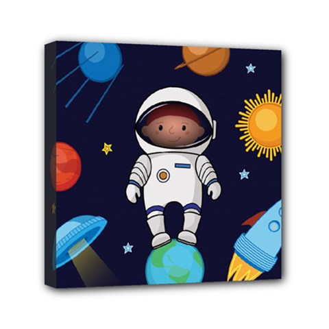 Boy Spaceman Space Rocket Ufo Planets Stars Mini Canvas 6  X 6  (stretched) by Vaneshart