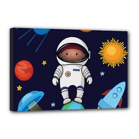 Boy Spaceman Space Rocket Ufo Planets Stars Canvas 18  X 12  (stretched) by Vaneshart