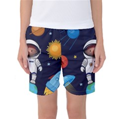 Boy Spaceman Space Rocket Ufo Planets Stars Women s Basketball Shorts by Vaneshart