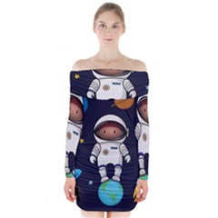 Boy Spaceman Space Rocket Ufo Planets Stars Long Sleeve Off Shoulder Dress by Vaneshart