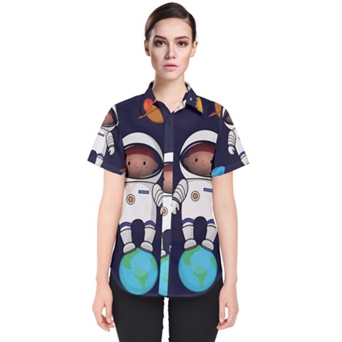 Boy Spaceman Space Rocket Ufo Planets Stars Women s Short Sleeve Shirt by Vaneshart