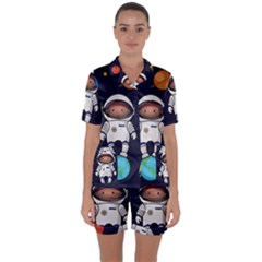 Boy Spaceman Space Rocket Ufo Planets Stars Satin Short Sleeve Pyjamas Set by Vaneshart