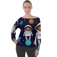 Boy Spaceman Space Rocket Ufo Planets Stars Off Shoulder Long Sleeve Velour Top