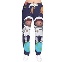 Boy Spaceman Space Rocket Ufo Planets Stars Women Velvet Drawstring Pants