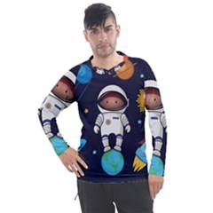 Boy Spaceman Space Rocket Ufo Planets Stars Men s Pique Long Sleeve Tee