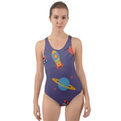 Space Seamless Pattern Cut-out Back One Piece Swimsuit by Vaneshart