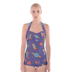 Space Seamless Pattern Boyleg Halter Swimsuit 