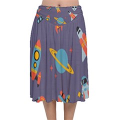 Space Seamless Pattern Velvet Flared Midi Skirt