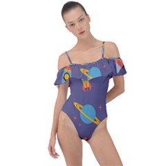 Space Seamless Pattern Frill Detail One Piece Swimsuit