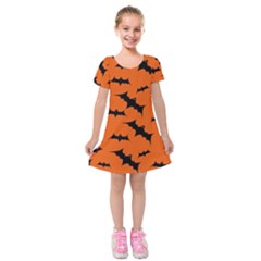 Halloween Card With Bats Flying Pattern Kids  Short Sleeve Velvet Dress