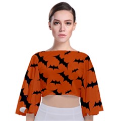 Halloween Card With Bats Flying Pattern Tie Back Butterfly Sleeve Chiffon Top