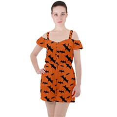 Halloween Card With Bats Flying Pattern Ruffle Cut Out Chiffon Playsuit by Vaneshart