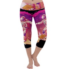 Astronaut Spacesuit Standing Surfboard Surfing Milky Way Stars Capri Yoga Leggings by Vaneshart