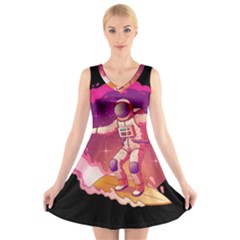 Astronaut Spacesuit Standing Surfboard Surfing Milky Way Stars V-neck Sleeveless Dress by Vaneshart