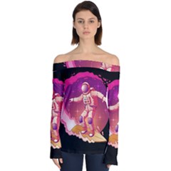 Astronaut Spacesuit Standing Surfboard Surfing Milky Way Stars Off Shoulder Long Sleeve Top by Vaneshart