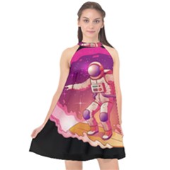 Astronaut Spacesuit Standing Surfboard Surfing Milky Way Stars Halter Neckline Chiffon Dress  by Vaneshart