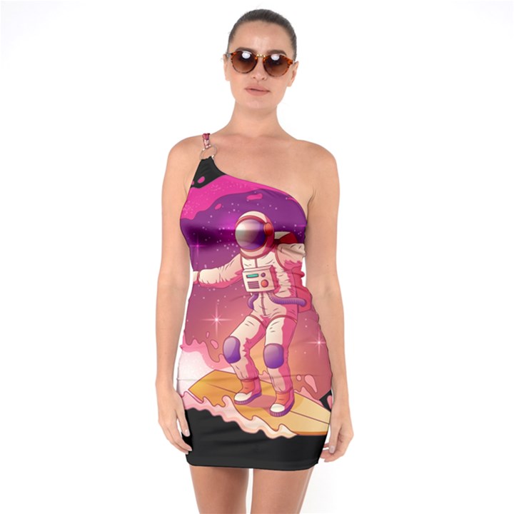 Astronaut Spacesuit Standing Surfboard Surfing Milky Way Stars One Soulder Bodycon Dress