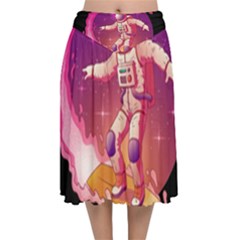 Astronaut Spacesuit Standing Surfboard Surfing Milky Way Stars Velvet Flared Midi Skirt by Vaneshart