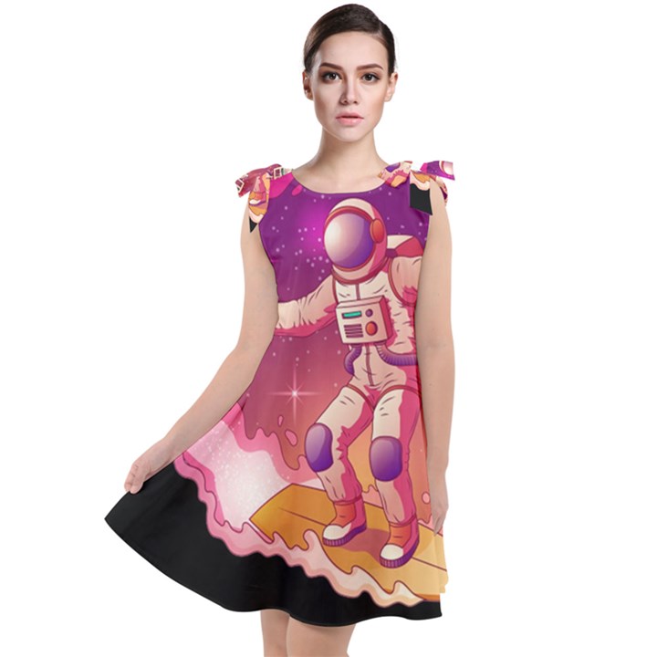 Astronaut Spacesuit Standing Surfboard Surfing Milky Way Stars Tie Up Tunic Dress