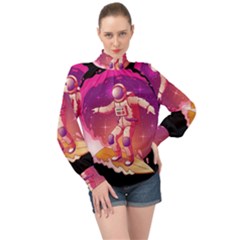 Astronaut Spacesuit Standing Surfboard Surfing Milky Way Stars High Neck Long Sleeve Chiffon Top by Vaneshart