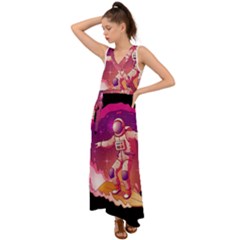 Astronaut Spacesuit Standing Surfboard Surfing Milky Way Stars V-neck Chiffon Maxi Dress