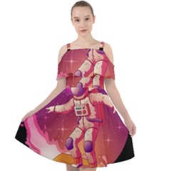 Astronaut Spacesuit Standing Surfboard Surfing Milky Way Stars Cut Out Shoulders Chiffon Dress